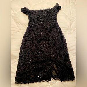 Sequin Hearts off the shoulder black lace and sequins lbd (little black dress)